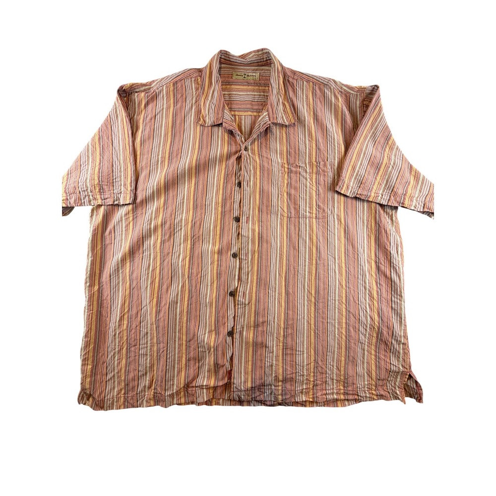 Tommy Bahama Mens XXL Silk Camp Shirt Multi Color Striped Short Sleeve Button Up